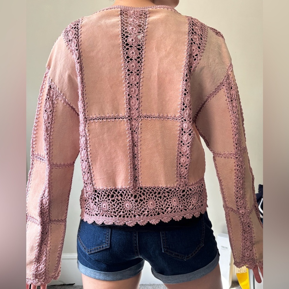 Y2K Fairycore Pink Suede crochet cottage Boho Knitwear Festival cardigan - Large - Picture 4 of 12